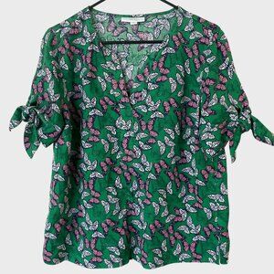 Charter Club Linen Butterfly-Print Tie-Sleeve Top Green Women's Size Medium